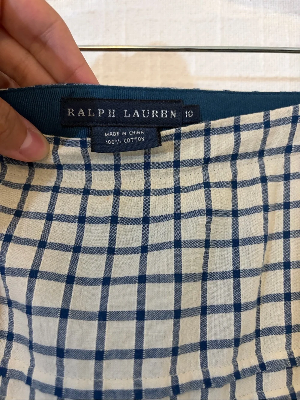 Ralph Lauren Women's Blue White Check Cotton Pleated Knee Skirt Zip 10 - Picture 3 of 4